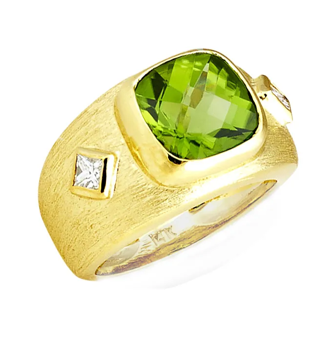 Florentine Textured Peridot Ring with .30pts Diamonds