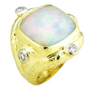 Hammered Ring with 15mm Cushion Opal (8.09ct) Accented with .40cts of Bezel Set Diamonds