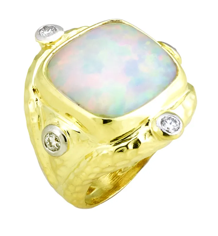 Hammered Ring with 15mm Cushion Opal (8.09ct) Accented with .40cts of Bezel Set Diamonds