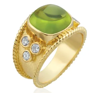 Peridot Cabochon Florentine Textured Ring with .60pts Diamonds