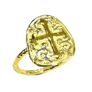 Cross Shield Ring with Hammered Shank