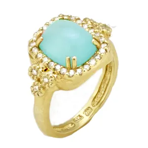 Matte Textured Blue Green Chalcedony Cabochon Ring with .32pts Diamonds